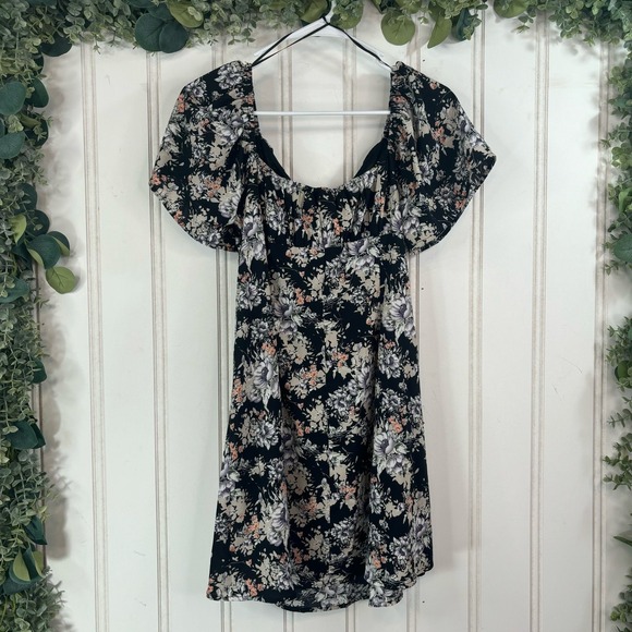 Graffiti Black Floral off the‎ Shoulder Mini Dress Feminine Boho Women MEDIUM - Picture 2 of 7